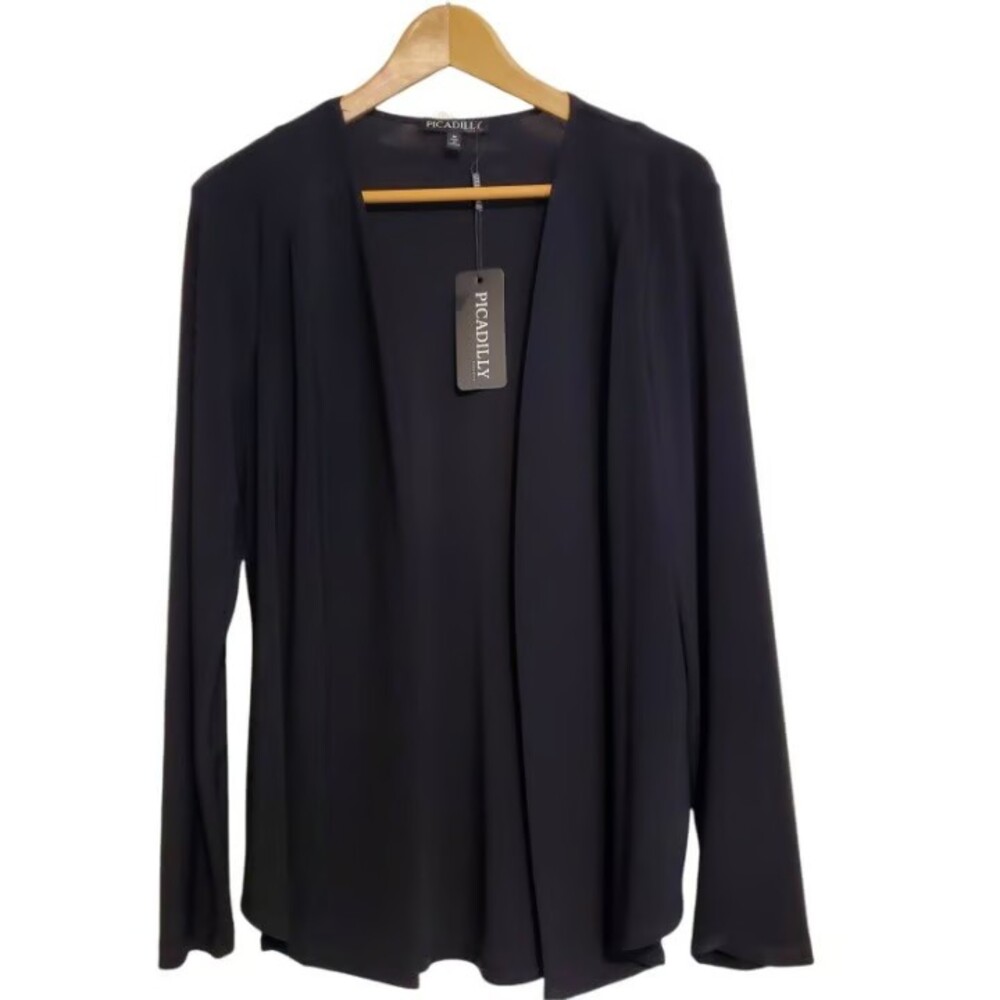 NWT Picadilly Size M Black Jacket Classic Open Front Curved Hem Packable Travel